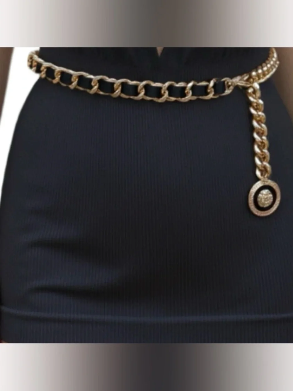 Women Gold Metal Chain Black Designer Style Fashion Belt Lion Charm Coin